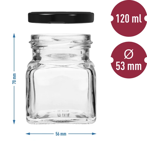 Borcan twist off 120ml - Patru colțuri fi 53 cu capac negru, 6 buc - 6