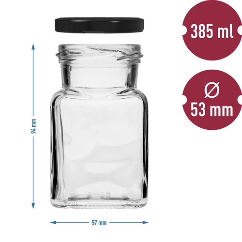 Borcan twist off 150ml Patru colțuri fi 53 cu capac negru, 6 buc. - 6
