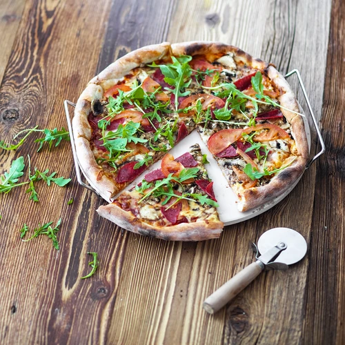Piatra pentru pizza cu mâner și cuțit, din cordierit, rotundă 33 cm - 17