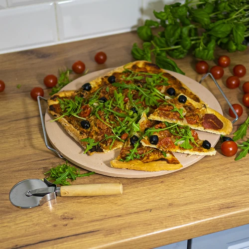 Piatra pentru pizza cu mâner și cuțit, din cordierit, rotundă 33 cm - 14