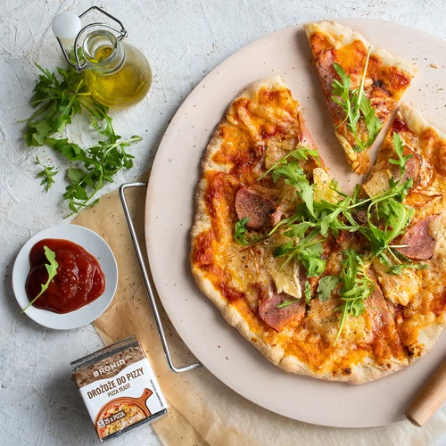 Piatra pentru pizza cu mâner și cuțit, din cordierit, rotundă 33 cm - 13