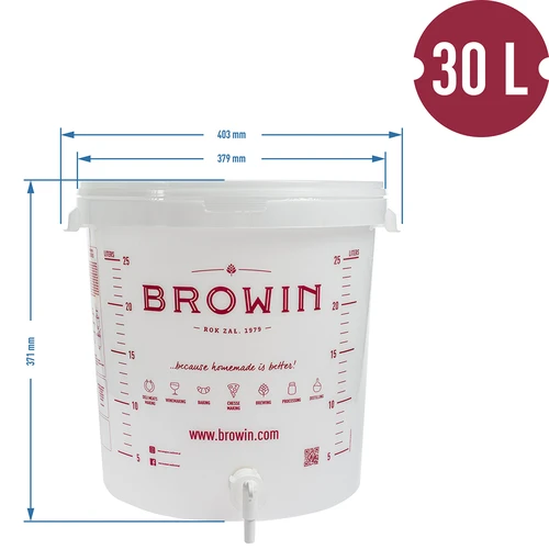 Recipient de fermentare 30L, de culoare albă cu imprimeu, robinet și 2 tuburi - j.EN - 6