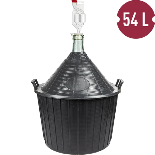 Set de vinificație de bază: damigeană din sticlă 54 L, în coș din plastic, cu dop și tub de fermentație - 2