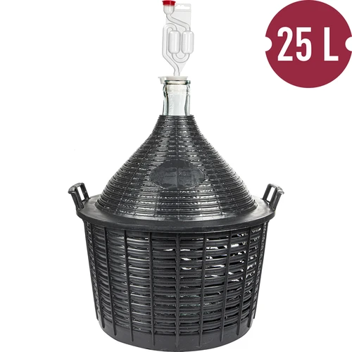 Set pentru vinificație Basic: damigeană de sticlă 25 L, în coș din plastic, cu dop și tub de fermentare - 2