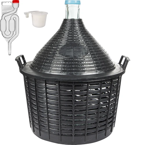 Set pentru vinificație Basic: damigeană de sticlă 25 L, în coș din plastic, cu dop și tub de fermentare