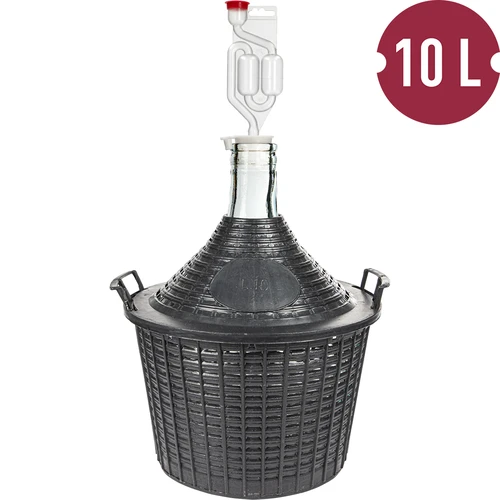 Set pentru vinificație de bază: damigeană de sticlă 10 L, în coș din material plastic, cu dop și tub de fermentație - 2