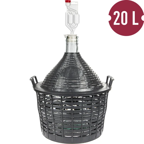 Set pentru vinificație de bază: damigeană de sticlă 20 L, în coș din plastic, cu dop și tub de fermentație - 2