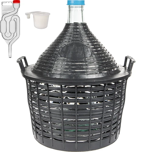 Set pentru vinificație de bază: damigeană de sticlă 20 L, în coș din plastic, cu dop și tub de fermentație  - 1 