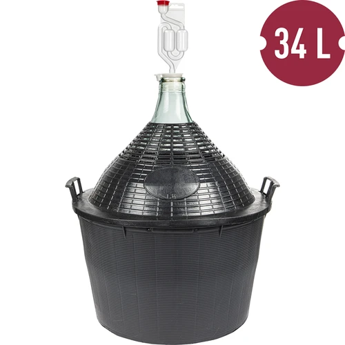 Set pentru vinificație de bază: damigeană de sticlă 34 L, în coș din plastic, cu dop și barbotieră - 2
