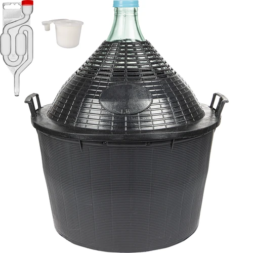 Set pentru vinificație de bază: damigeană de sticlă 34 L, în coș din plastic, cu dop și barbotieră