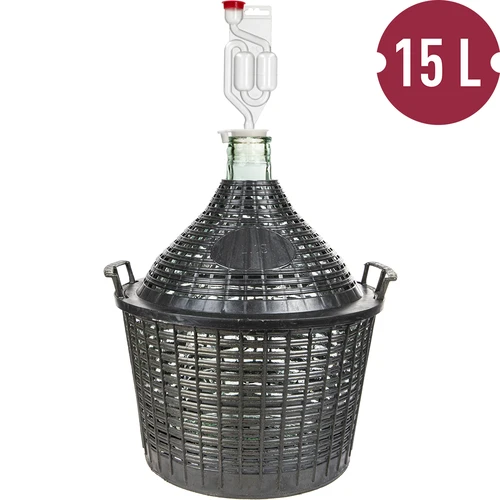 Set pentru vinificație de bază: damigeană din sticlă 15 L, în coș din plastic, cu dop și tub de fermentație - 2