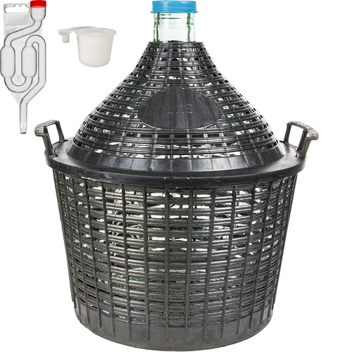 Set pentru vinificație de bază: damigeană din sticlă 15 L, în coș din plastic, cu dop și tub de fermentație