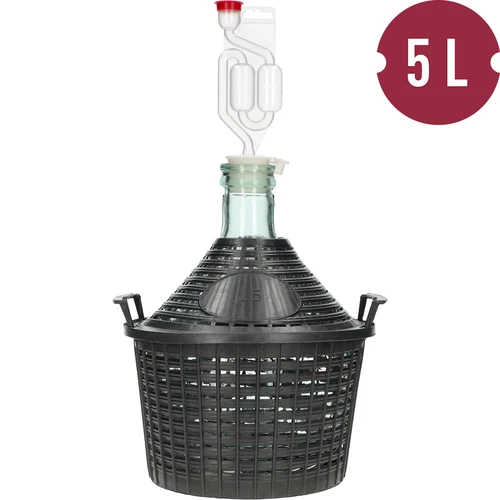 Set pentru vinificație de bază: damigeană din sticlă 5 L, în coș din plastic, cu dop și tub de fermentație - 2