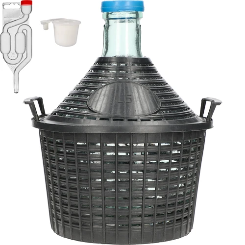 Set pentru vinificație de bază: damigeană din sticlă 5 L, în coș din plastic, cu dop și tub de fermentație