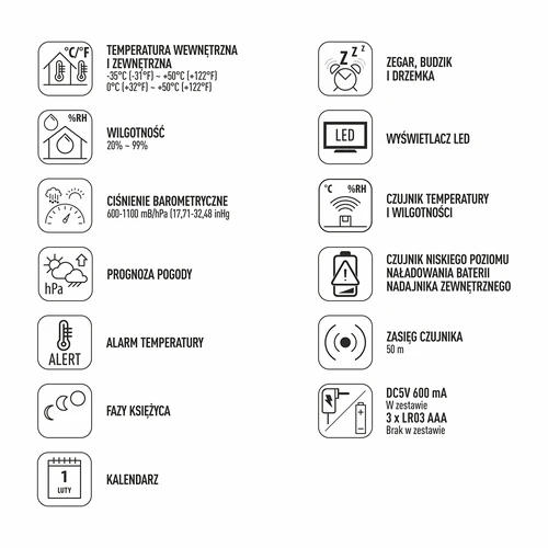 Stație meteo electronică – fără fir, cu senzor, neagră - 12