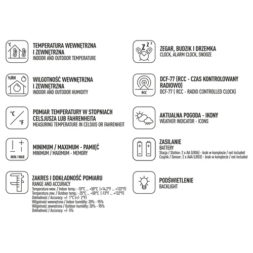 Stație meteo RCC – electronică, fără fir, cu senzor iluminat, neagră - 11
