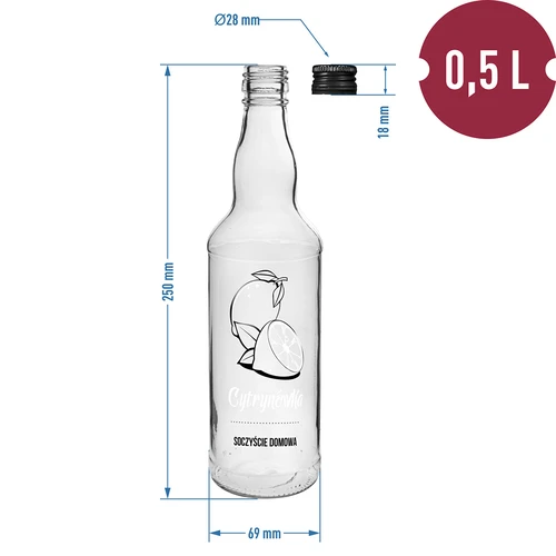 Sticlă 500 ml cu capac cu filet, inscripție „Cytrynówka”, 1 bucată - 4