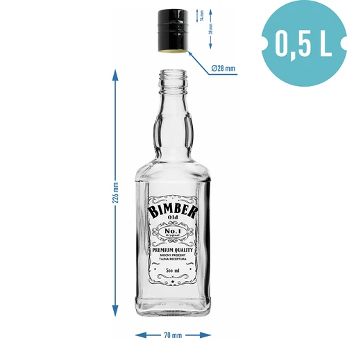 Sticlă Daniels 500 ml cu capac cu filet, imprimeu „Bimber OLD”, 1 bucată - 6
