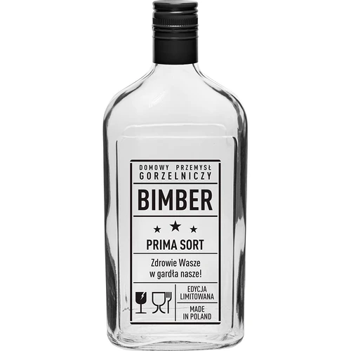 Sticlă tip ploscă 500 ml cu capac filetat, imprimeu „Bimber PRL”, 1 buc.
