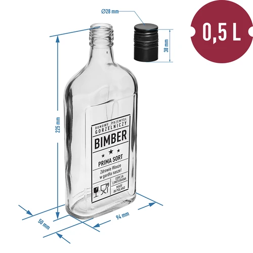 Sticlă tip ploscă 500 ml cu capac filetat, imprimeu „Bimber PRL”, 1 buc. - 5