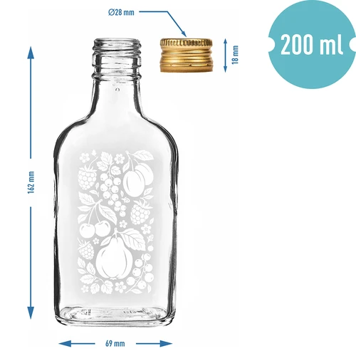Sticlă tip ploscă 200 ml cu capac filetat și imprimeu „Fructe”, model 2 - 4